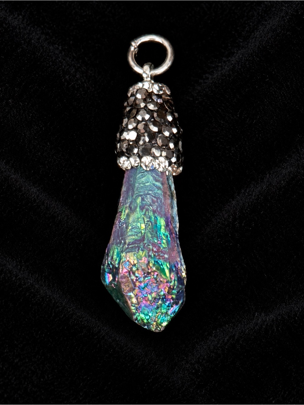 Iridescent Rainbow Crystal Style Pendant Pavé Cap Silver Tone